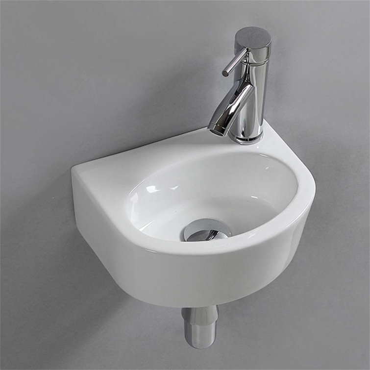 Compact White Ceramic Wall-Mount Oval Vessel Sink with Tap & Drain