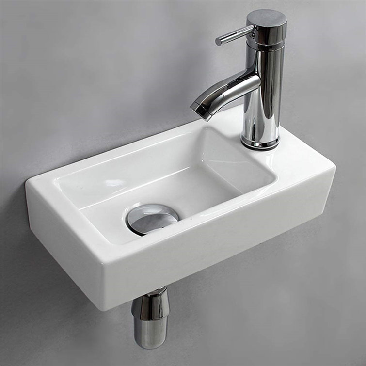Polished White Ceramic Rectangular Wall-Mount Bathroom Sink