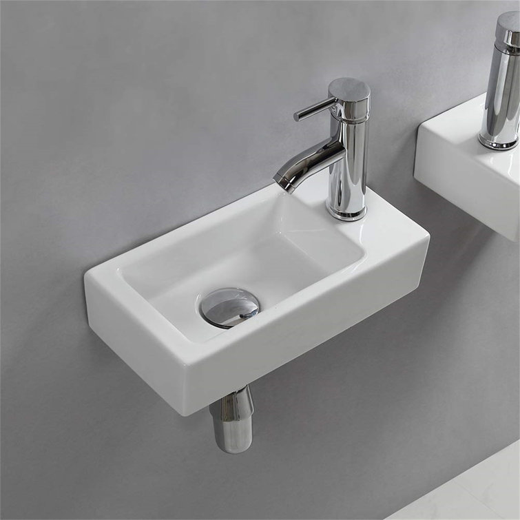 Polished White Ceramic Rectangular Wall-Mount Bathroom Sink