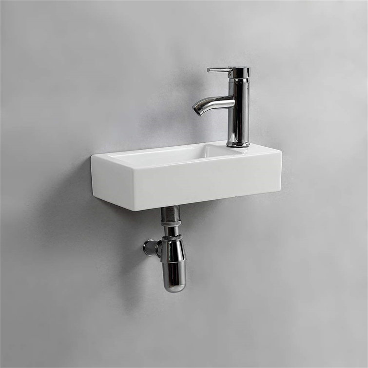 Polished White Ceramic Rectangular Wall-Mount Bathroom Sink