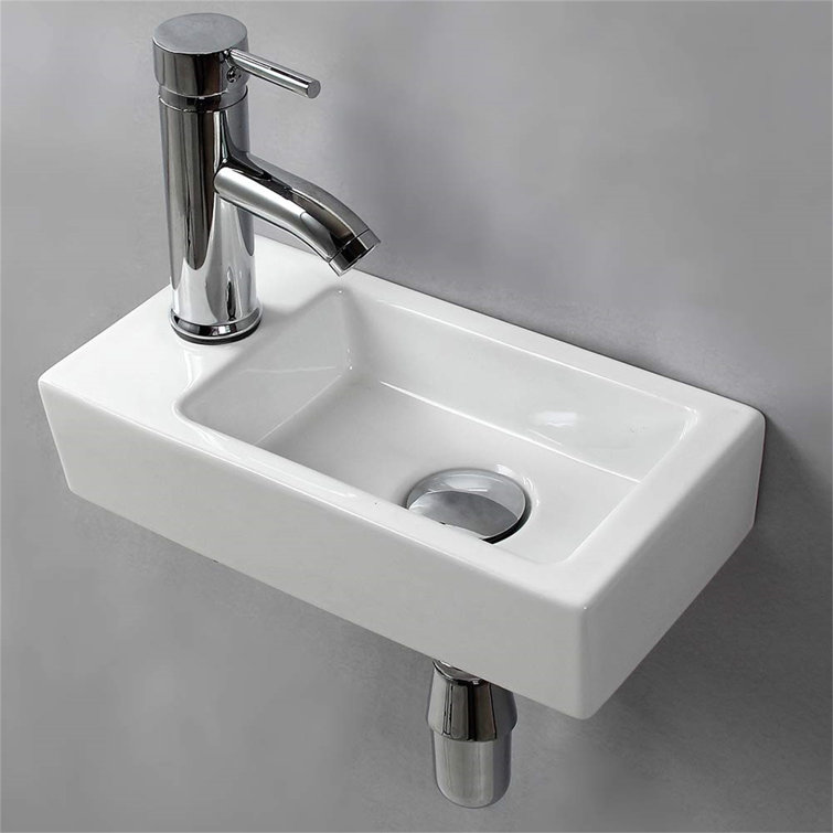 Polished White Ceramic Rectangular Wall-Mount Vessel Sink