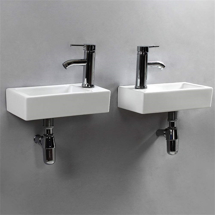 Polished White Ceramic Rectangular Wall-Mount Vessel Sink