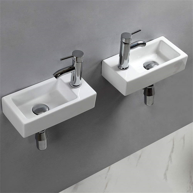 Polished White Ceramic Rectangular Wall-Mount Vessel Sink
