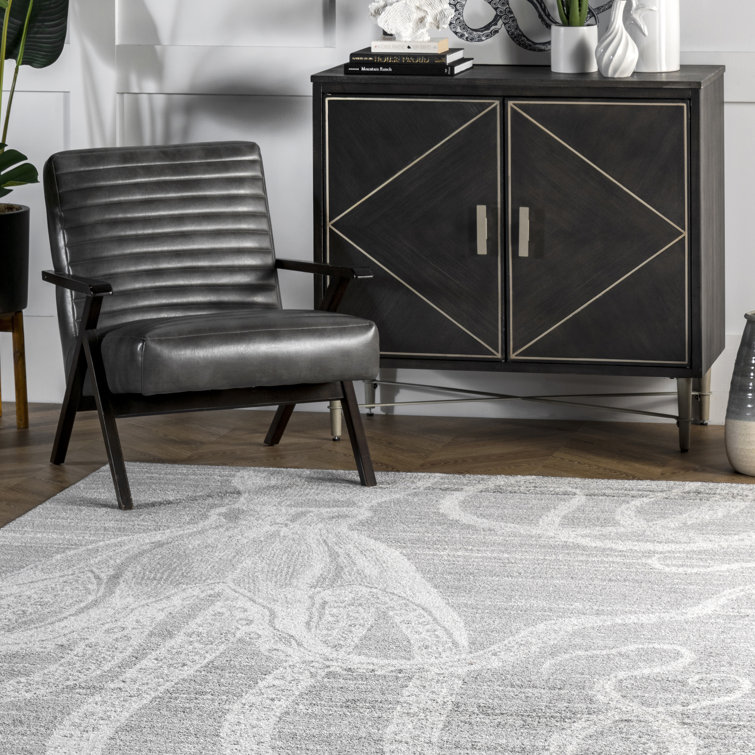 Contemporary Coastal Charm Gray Stripe Synthetic Area Rug, 5' x 8'