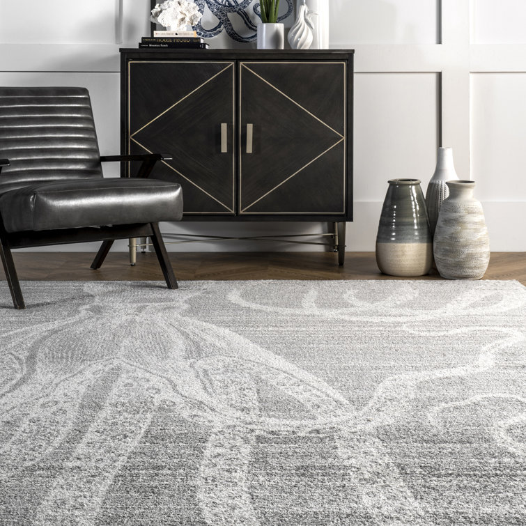 Contemporary Coastal Charm Gray Stripe Synthetic Area Rug, 5' x 8'