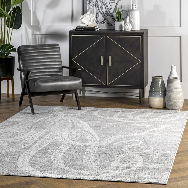 Contemporary Coastal Charm Gray Stripe Synthetic Area Rug, 5' x 8'