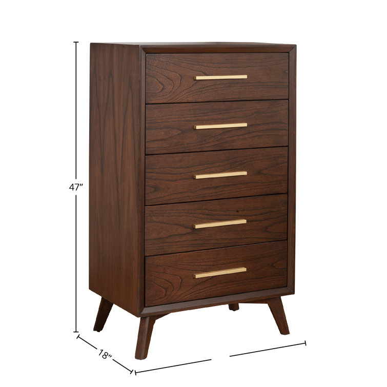Mid-Century Walnut 5-Drawer Vertical Dresser with Gold Handles