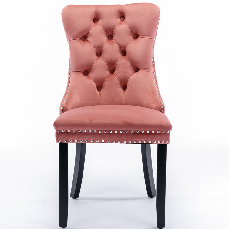 Pink Velvet Wing Back Parsons Side Chair Set with Wood Legs