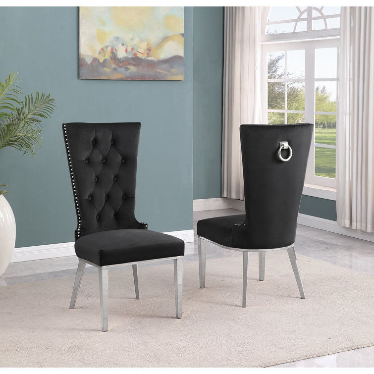 Black Velvet Upholstered High Back Side Chair with Metal Legs