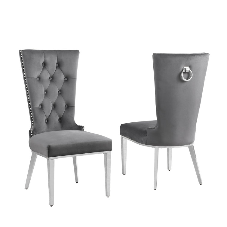High Back Dark Gray Velvet Side Chair with Silver Metal Legs