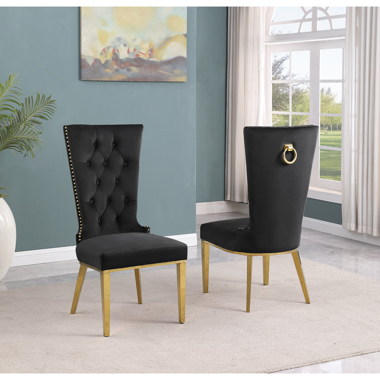 Black Velvet Tufted Side Chair with Gold Metal Legs