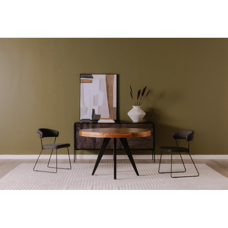 Rustic Acacia Wood Parquet Round Dining Table with Black Legs