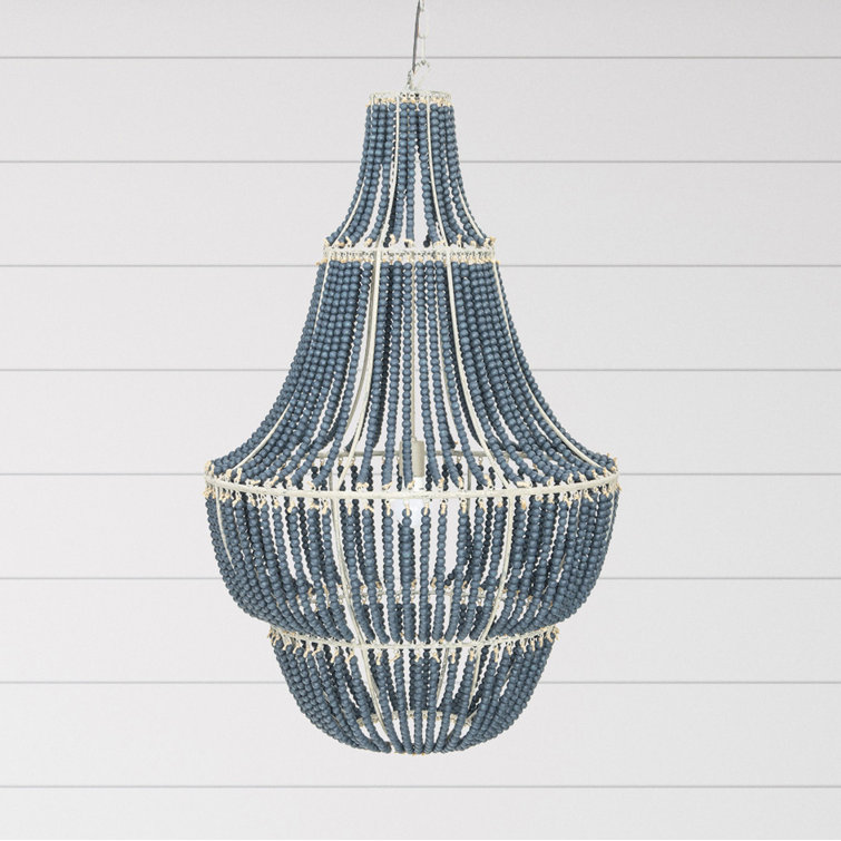 Elegant Blue Wood Beaded 41" Chandelier for Warm Ambiance