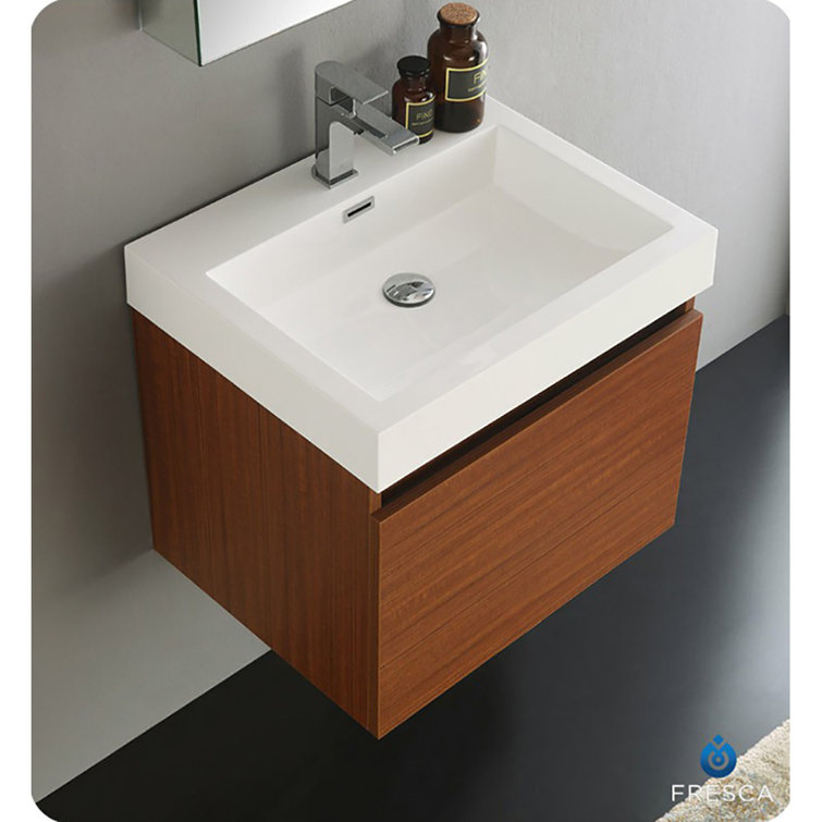 Teak Wall-Mounted Single Sink Vanity with Acrylic Top