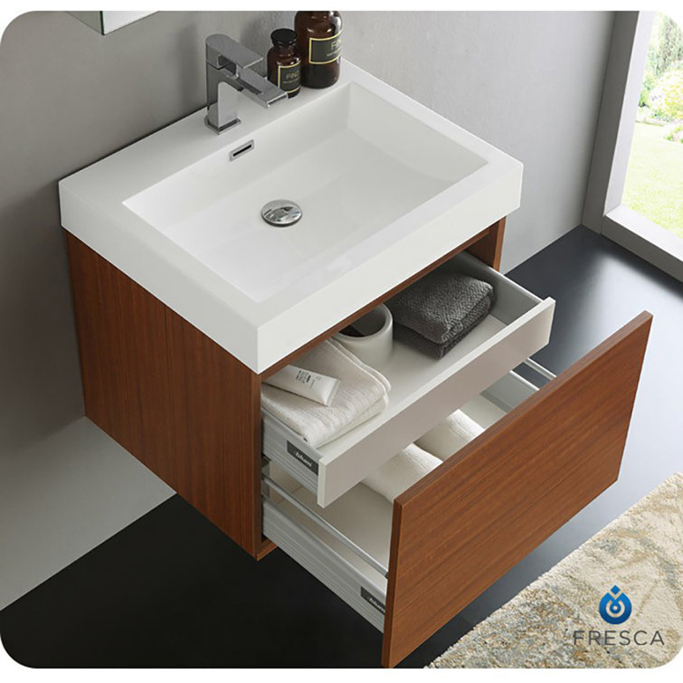 Teak Wall-Mounted Single Sink Vanity with Acrylic Top