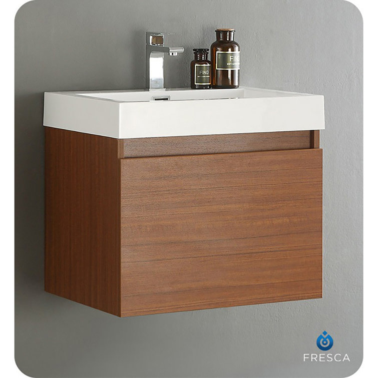 Teak Wall-Mounted Single Sink Vanity with Acrylic Top
