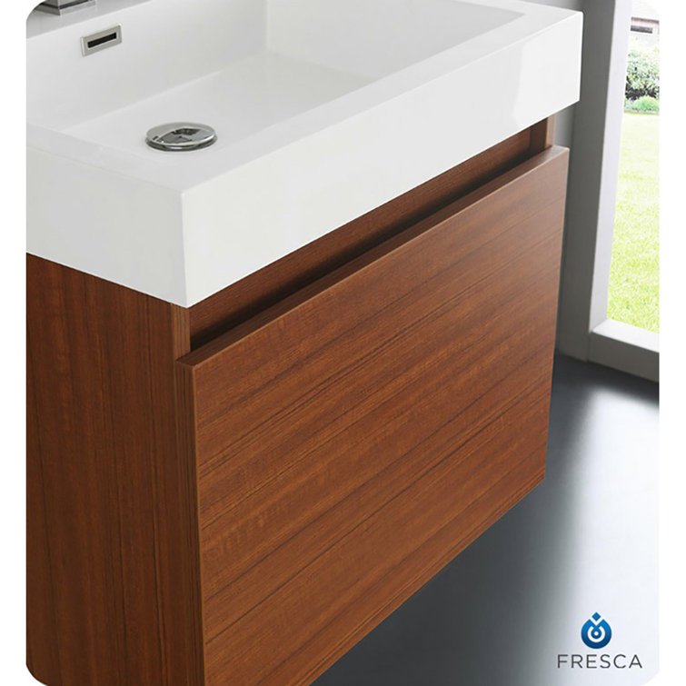 Teak Wall-Mounted Single Sink Vanity with Acrylic Top