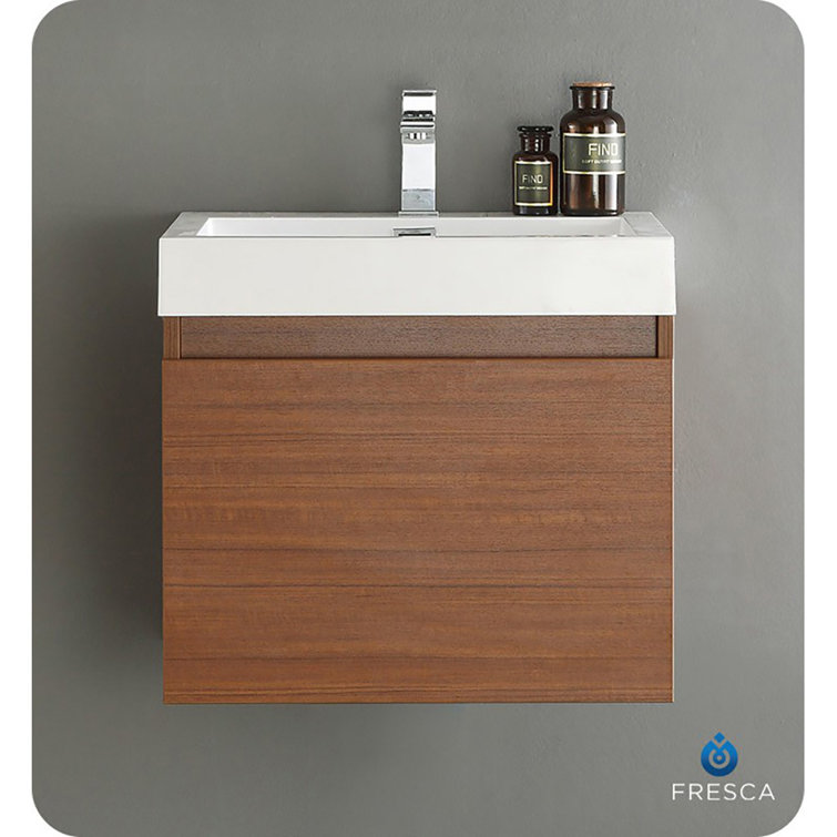Teak Wall-Mounted Single Sink Vanity with Acrylic Top