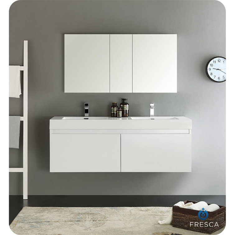 Glossy White 59" Wall-Mounted Double Sink Vanity with Acrylic Top