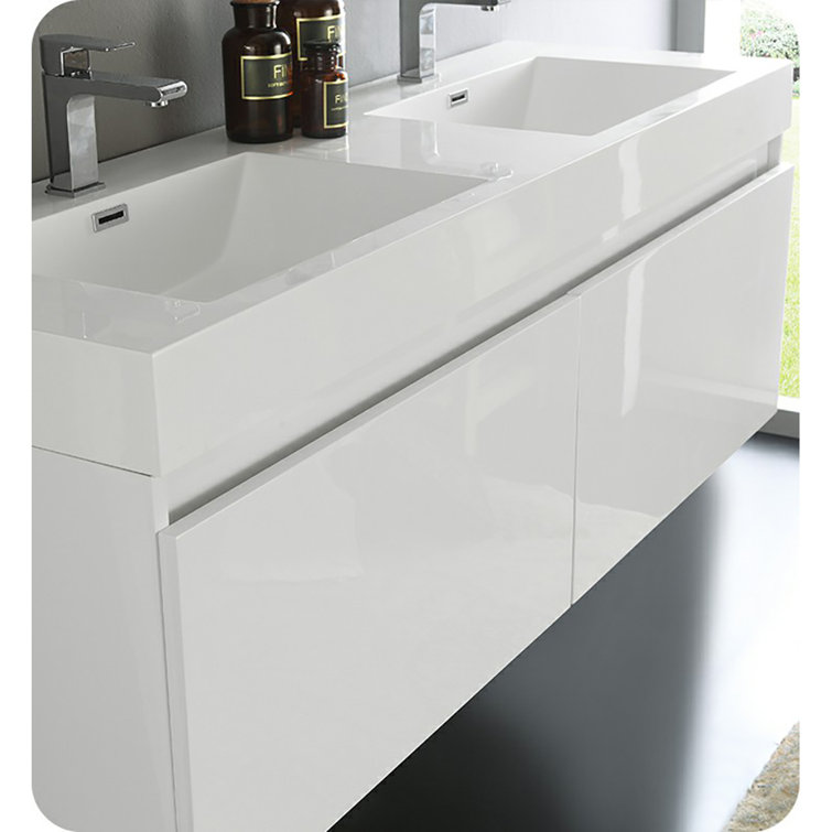 Glossy White 59" Wall-Mounted Double Sink Vanity with Acrylic Top
