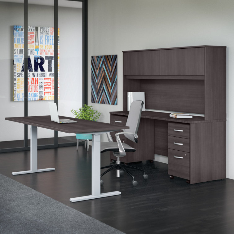 Storm Gray Rectangular Writing Desk with Cable Management