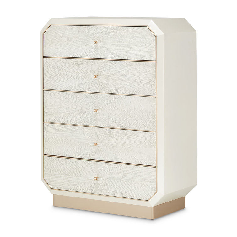 White Oak Veneer 5-Drawer Dresser with Champagne Accents
