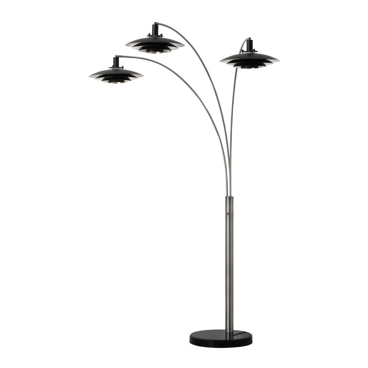 Antique Nickel 3-Light Arc Floor Lamp with Matte Black Shades