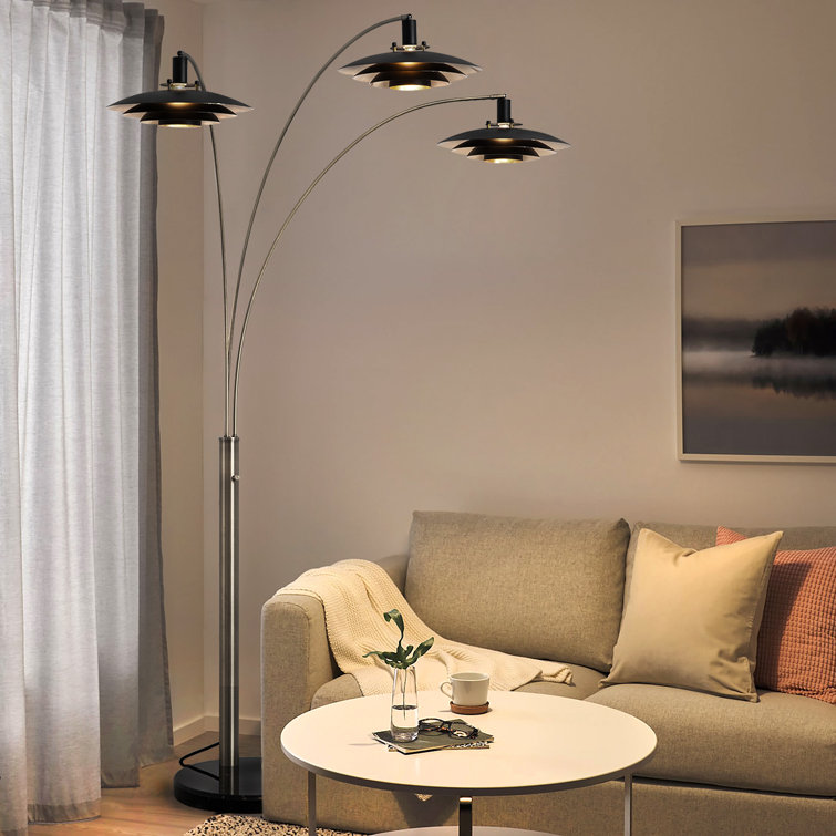 Antique Nickel 3-Light Arc Floor Lamp with Matte Black Shades