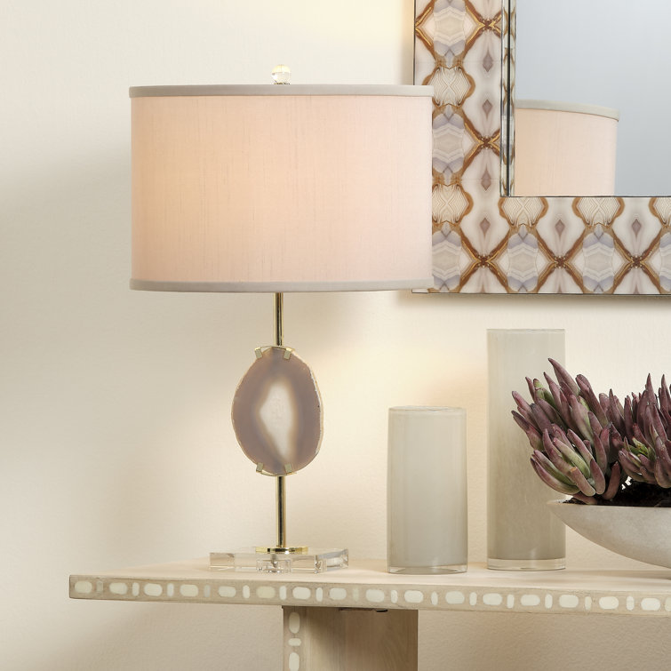 Elegant Agate Slice Silver Table Lamp with Taupe Linen Drum Shade
