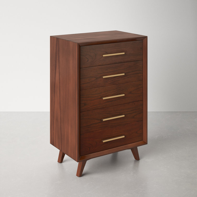 Mid-Century Walnut 5-Drawer Vertical Dresser with Gold Handles