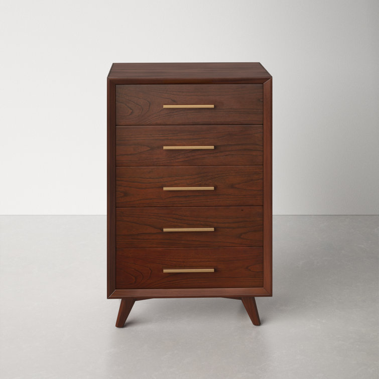 Mid-Century Walnut 5-Drawer Vertical Dresser with Gold Handles