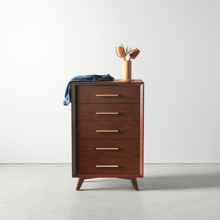 Mid-Century Walnut 5-Drawer Vertical Dresser with Gold Handles
