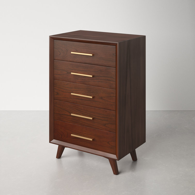 Mid-Century Walnut 5-Drawer Vertical Dresser with Gold Handles
