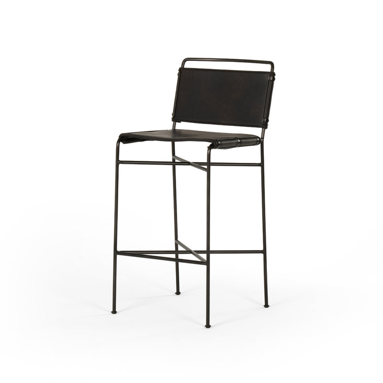 Distressed Black Metal and Leather Bar Stool