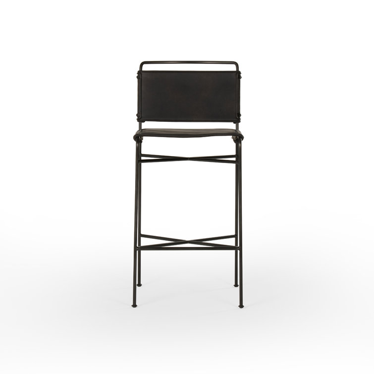 Distressed Black Metal and Leather Bar Stool