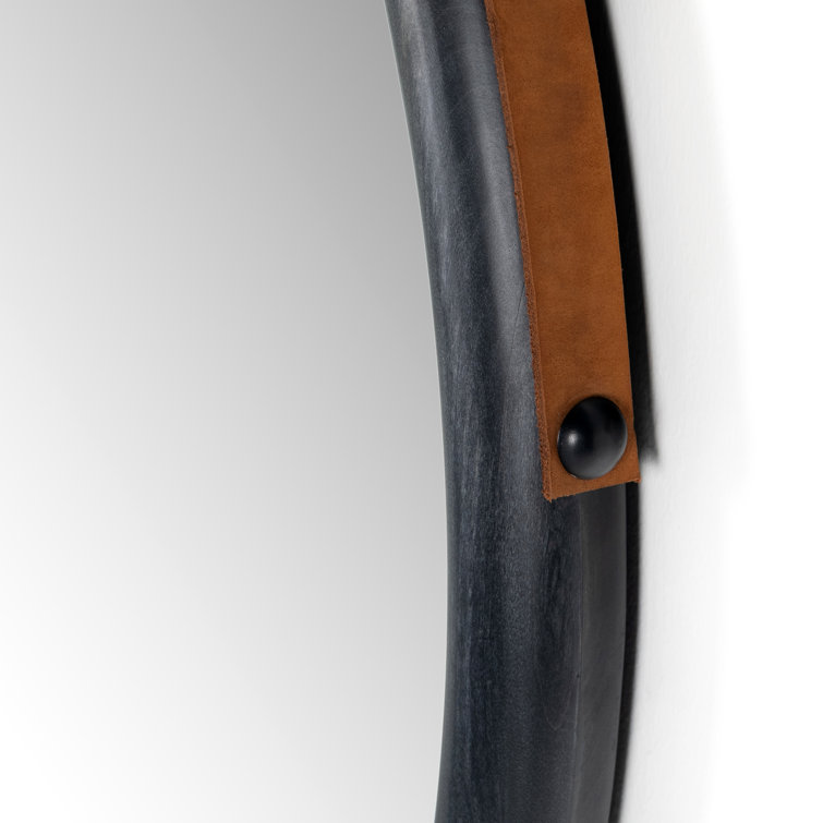 Modern Black-Washed Poplar & Toffee Leather 30" Wall Mirror
