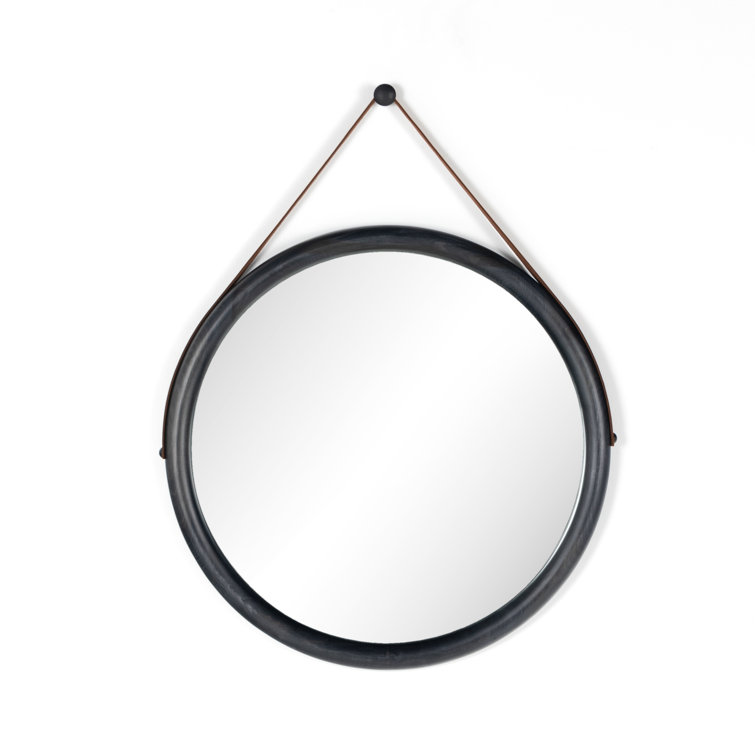 Modern Black-Washed Poplar & Toffee Leather 30" Wall Mirror