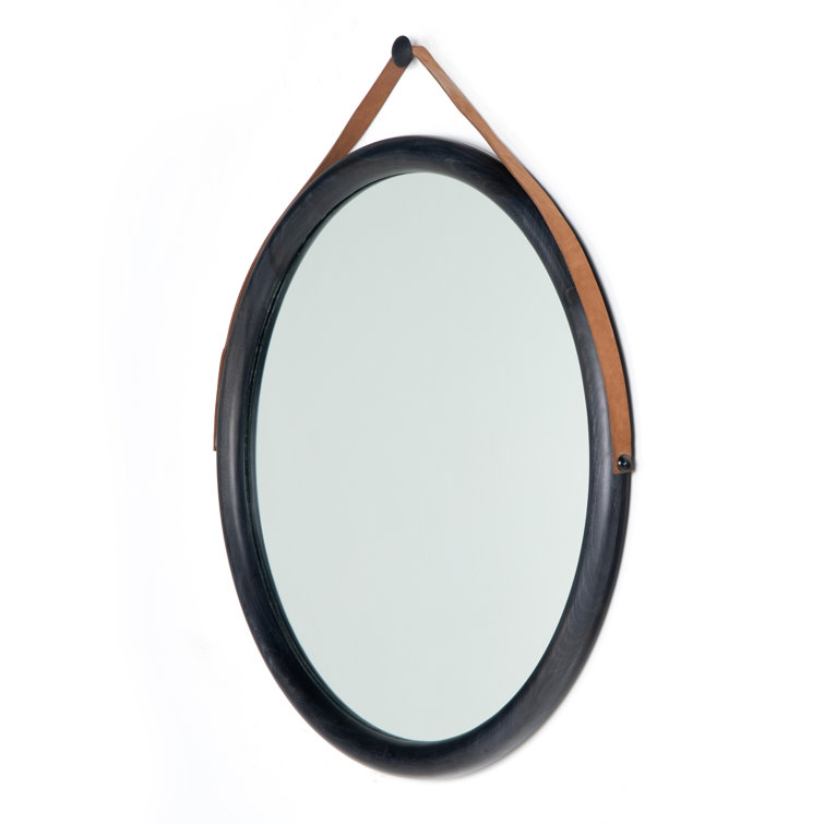 Black Wash Poplar Framed Round Wall Mirror with Leather Strap
