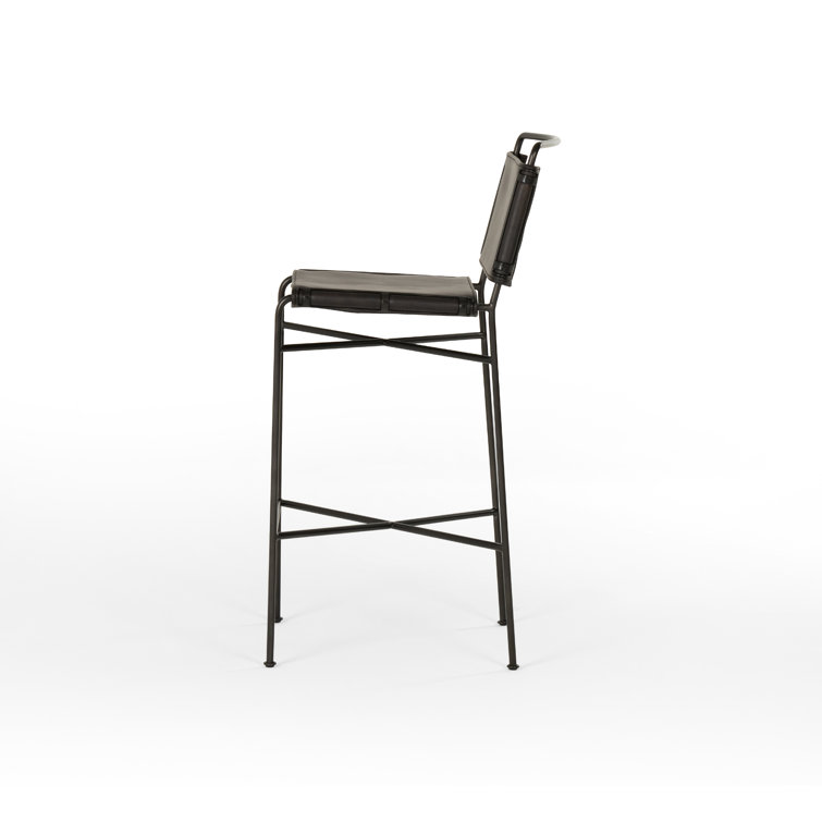 Distressed Black Metal and Leather Bar Stool