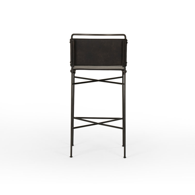 Distressed Black Metal and Leather Bar Stool