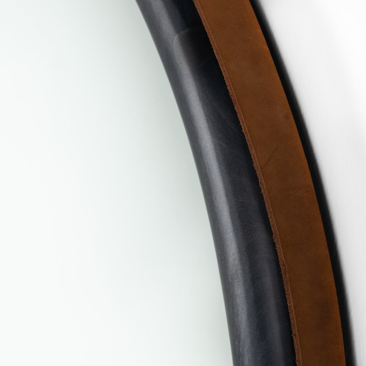 Modern Black-Washed Poplar & Toffee Leather 30" Wall Mirror