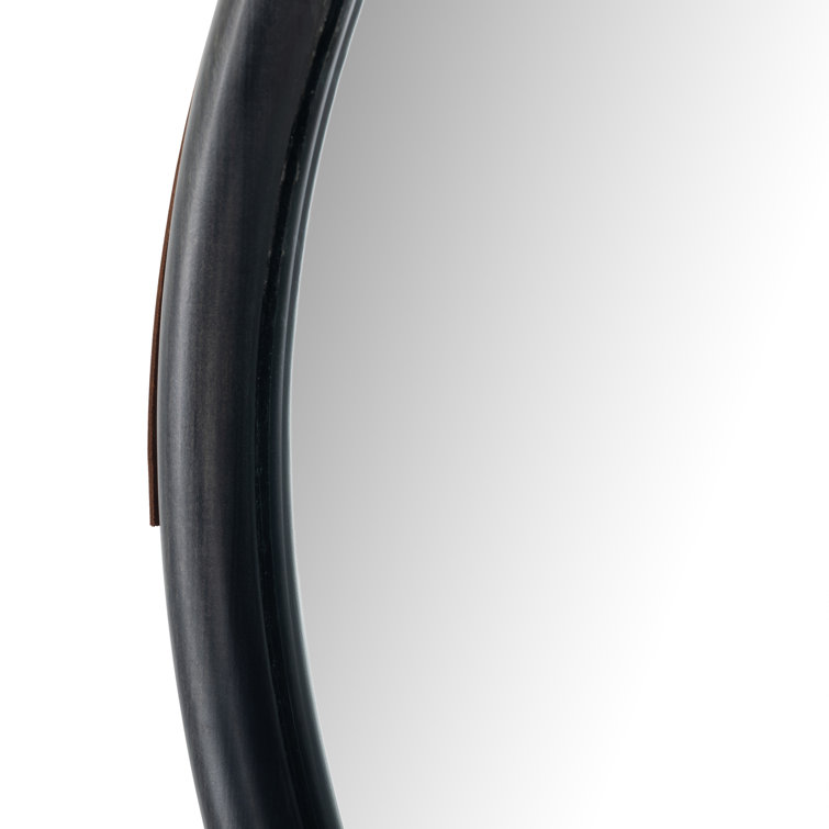 Modern Black-Washed Poplar & Toffee Leather 30" Wall Mirror