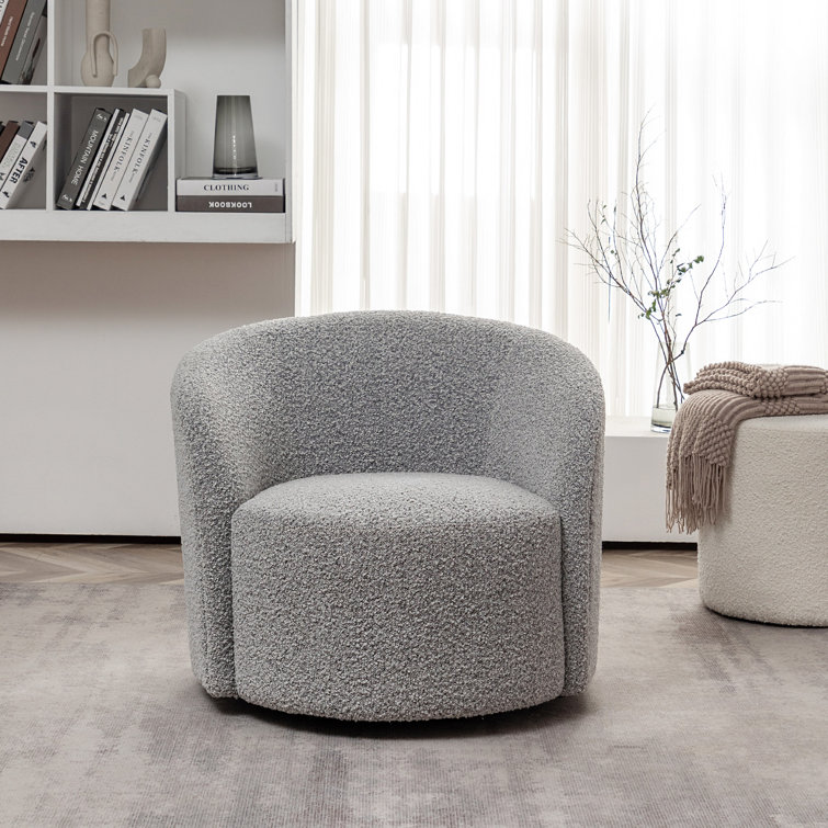 34'' Wide Gray Boucle Upholstered Swivel Barrel Chair