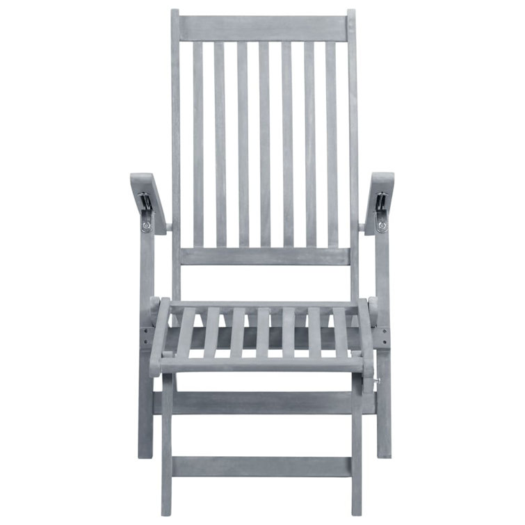 Gray Adjustable Acacia Wood Patio Lounge Chair with Red Cushions