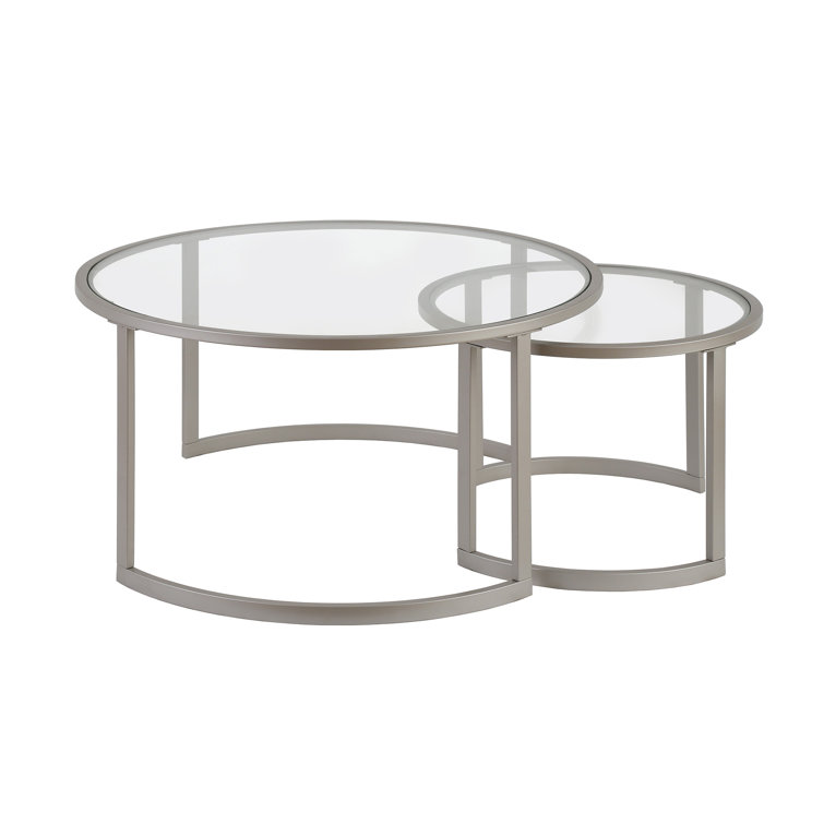 Satin Nickel Round Nested Coffee Tables with Clear Glass Top
