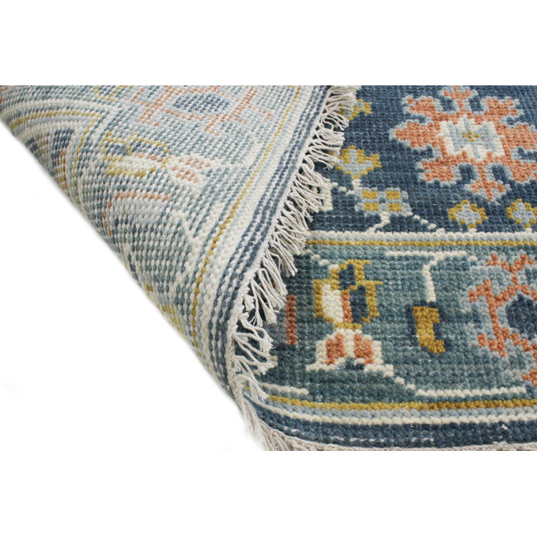 Handmade Blue Floral Wool Runner Rug with Tassels
