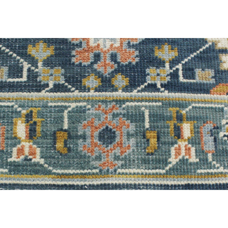 Handmade Blue Floral Wool Runner Rug with Tassels