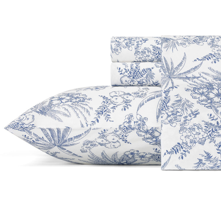 Queen Navy Cotton Percale Floral Print Sheet Set