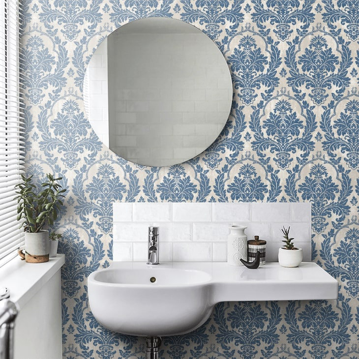Blue and Beige Large Damask Vinyl Non-Pasted Wallpaper Roll