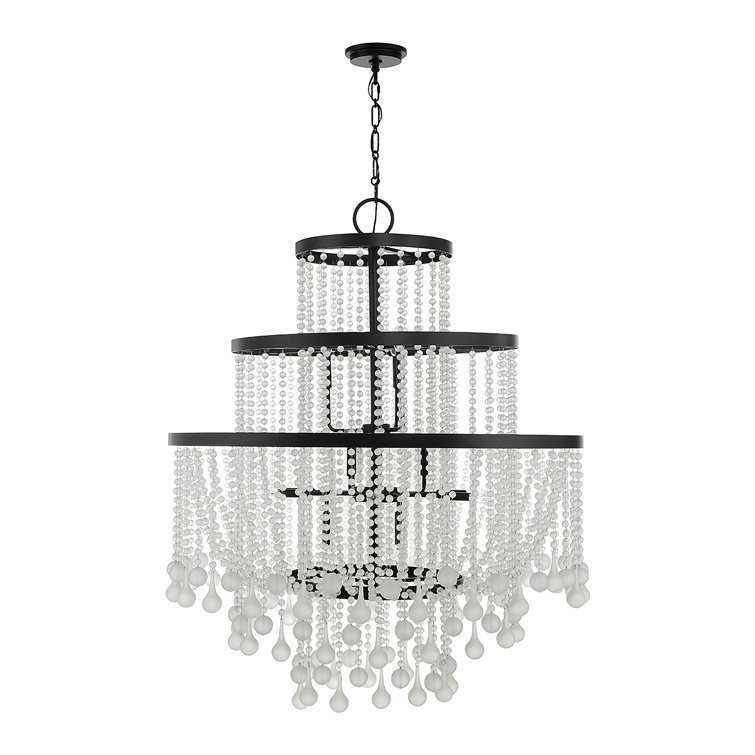 Luna Matte Black 15-Light Chandelier with Frosted Crystal